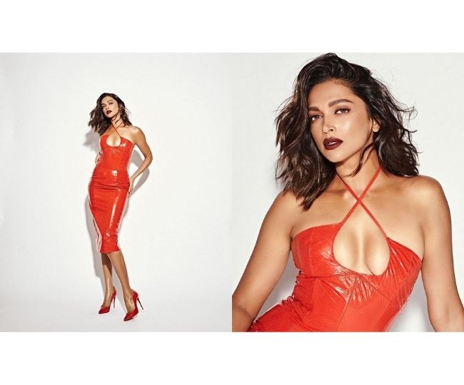 Deepika Padukone looks drop-dead gorgeous in Red Faux leather dress as she flaunts plunging neckline | See pic here
